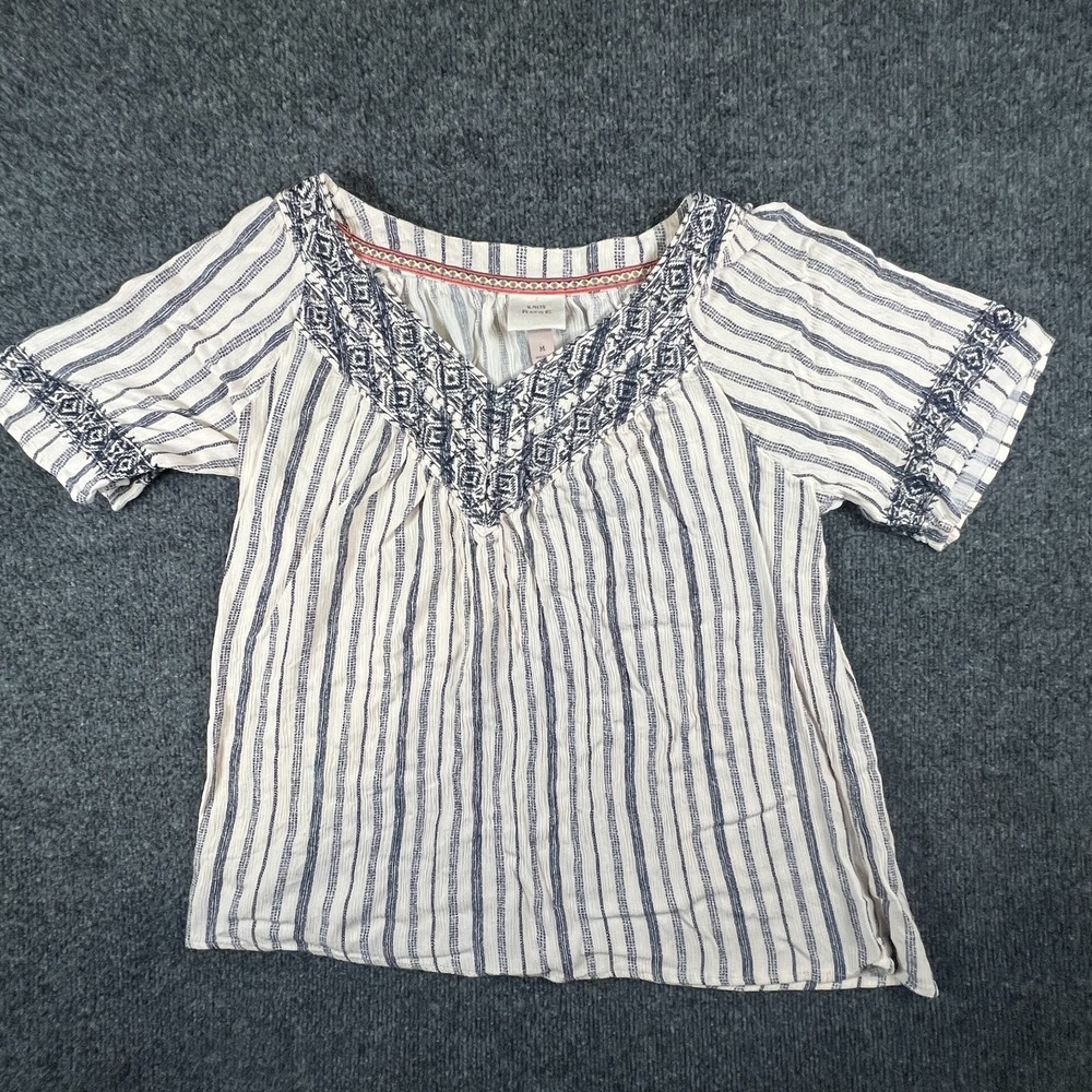 Knox Rose Top Womens Medium Multicolor Striped Embroidered V Neck Boho Peasant